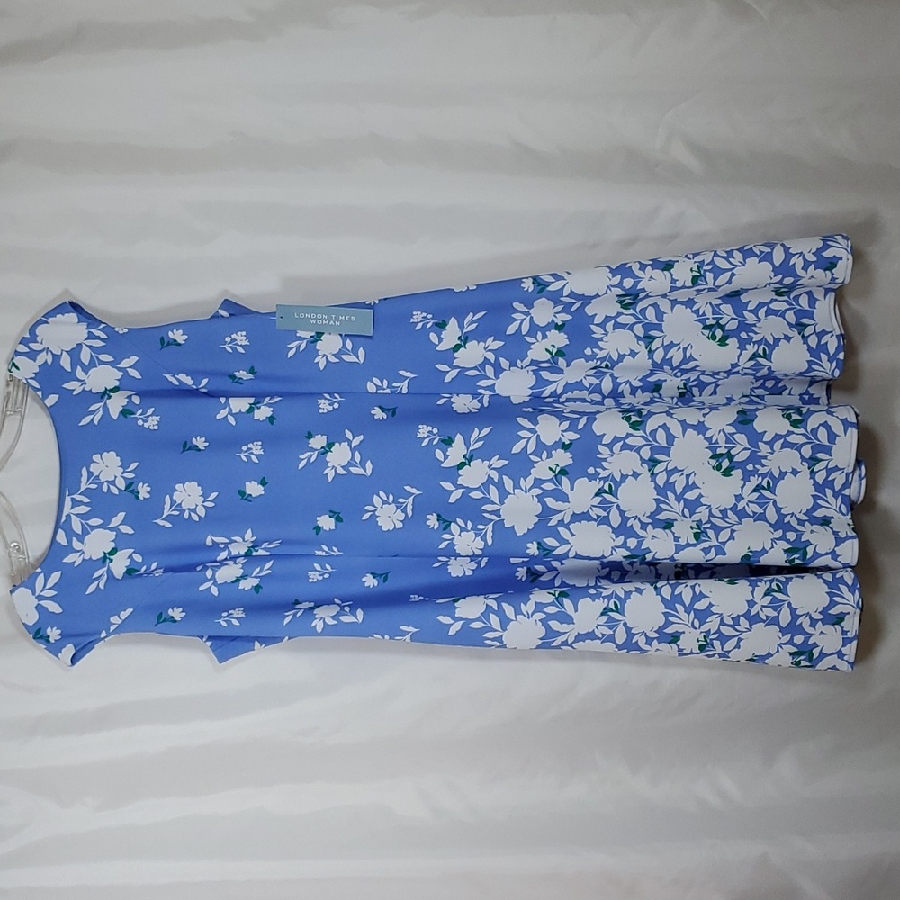 London Times Women's Crewneck Sleeveless A-line Dress ~ Blue Green White - Picture 3 of 10
